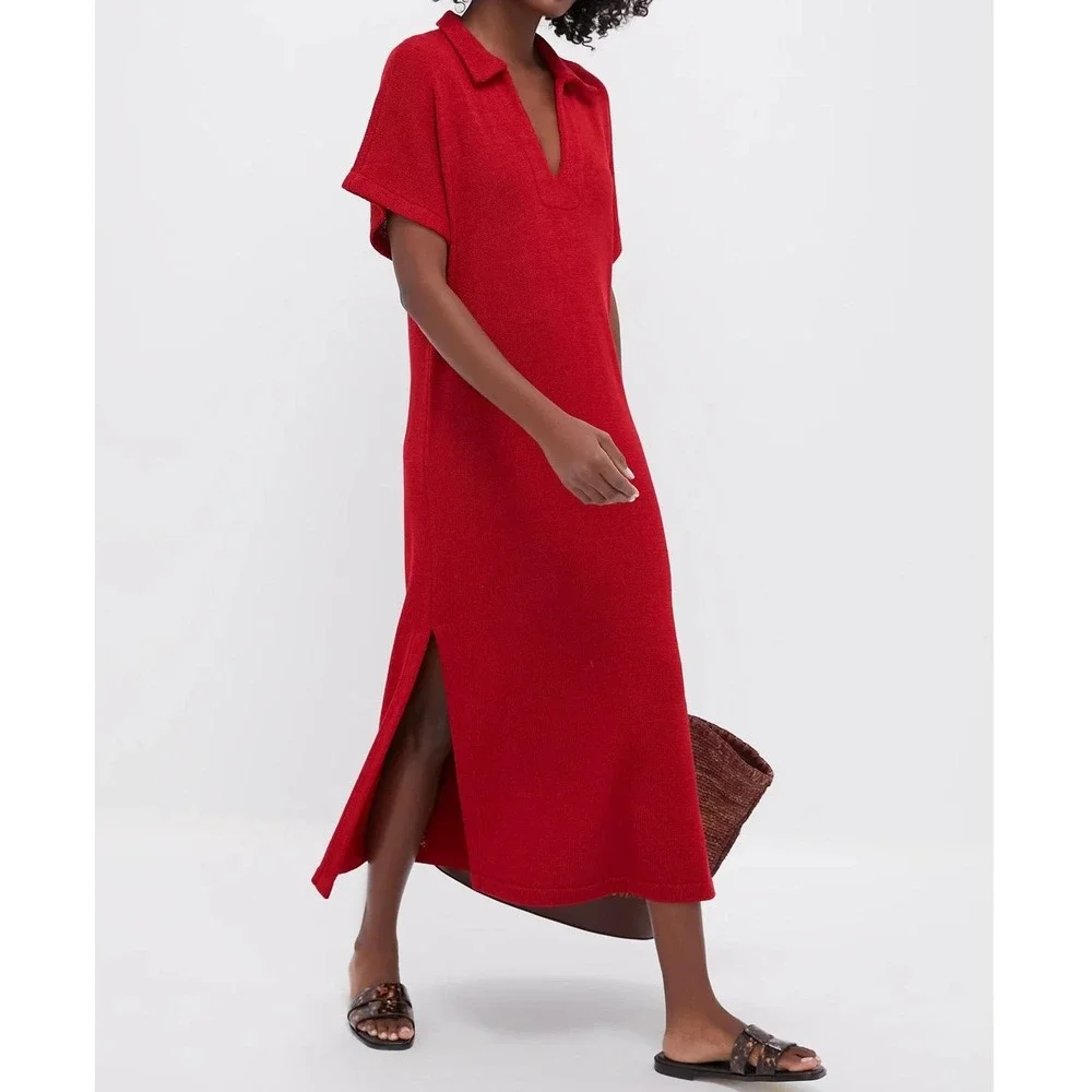 Pomander Place Tuckernuck Red Maren Polo Midi Dress Knit Relaxed Size XS/S